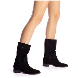 LARROUDE Barb Mid Calf Tall Boots Low Heel US 9.5 Black Suede NEW $430